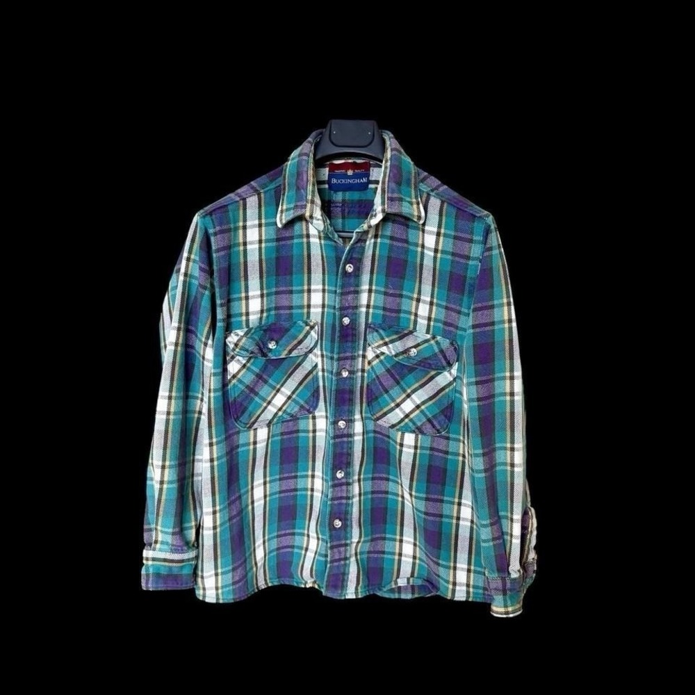 Vintage 80's Cotton Flannel Buckingham Plaid Button Up‎ Large Distressed